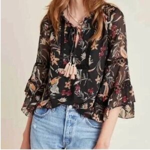 ⭐️ Maeve Odette Floral Bell Sleeve Tassel Chic Business Party Peasant Blouse Top